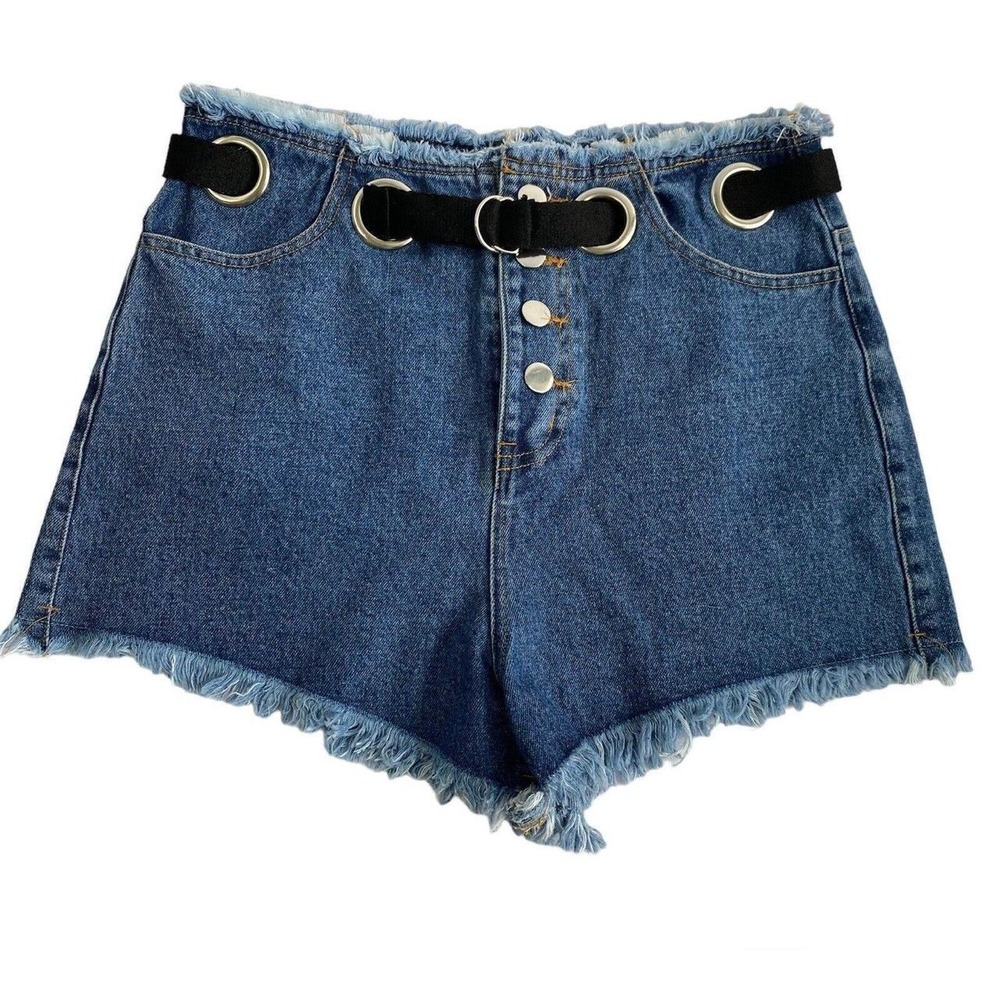Honey Punch Y2K High Waisted Belted Denim Shorts Women S Blue Button Fly Frayed